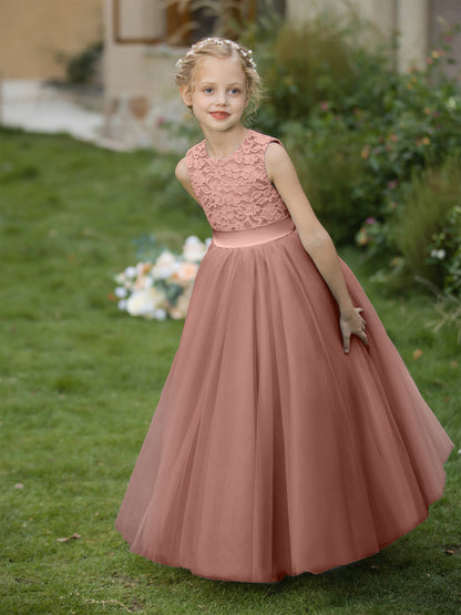 Crew Neck Tulle Flower Girl Dresses with Applique & Sash