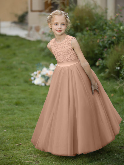 Crew Neck Tulle Flower Girl Dresses with Applique & Sash