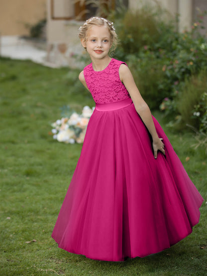 Crew Neck Tulle Flower Girl Dresses with Applique & Sash