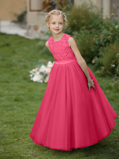 Crew Neck Tulle Flower Girl Dresses with Applique & Sash