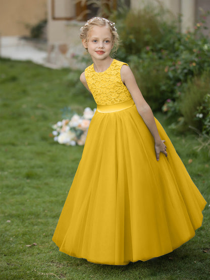 Crew Neck Tulle Flower Girl Dresses with Applique & Sash