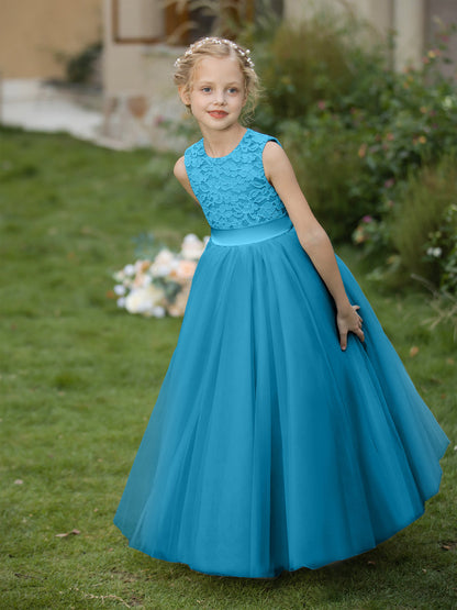 Crew Neck Tulle Flower Girl Dresses with Applique & Sash