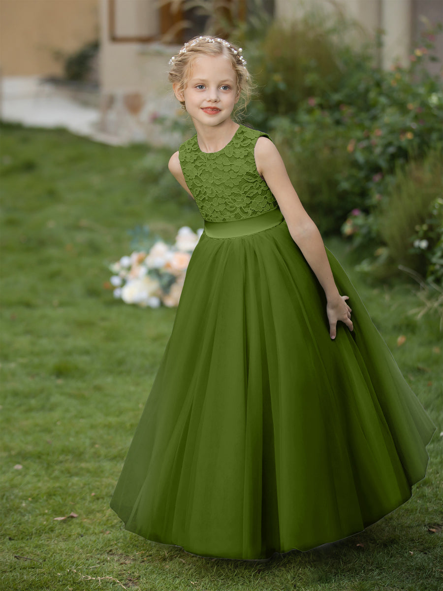 Crew Neck Tulle Flower Girl Dresses with Applique & Sash