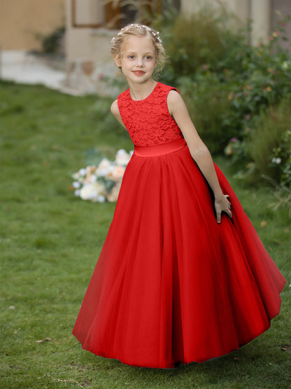 Crew Neck Tulle Flower Girl Dresses with Applique & Sash