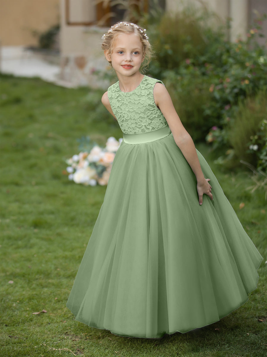 Crew Neck Tulle Flower Girl Dresses with Applique & Sash