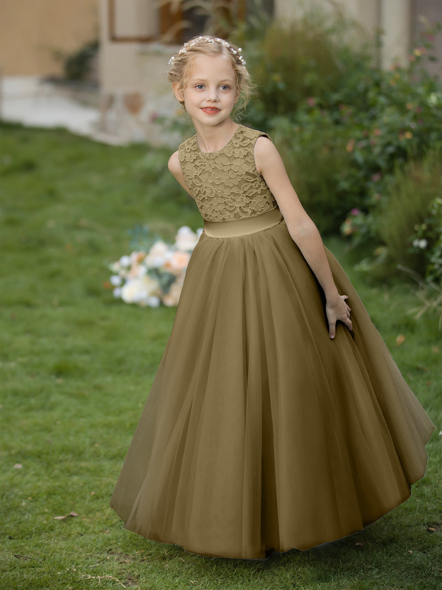 Crew Neck Tulle Flower Girl Dresses with Applique & Sash