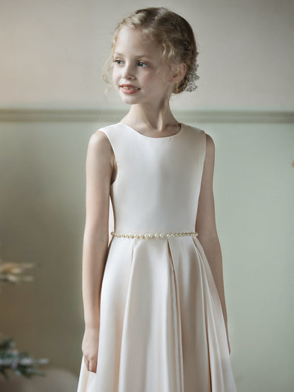 Crew Neck Satin Flower Girl Dresses with Pearls & Bowknot