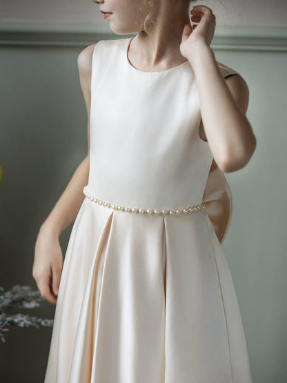 Crew Neck Satin Flower Girl Dresses with Pearls & Bowknot