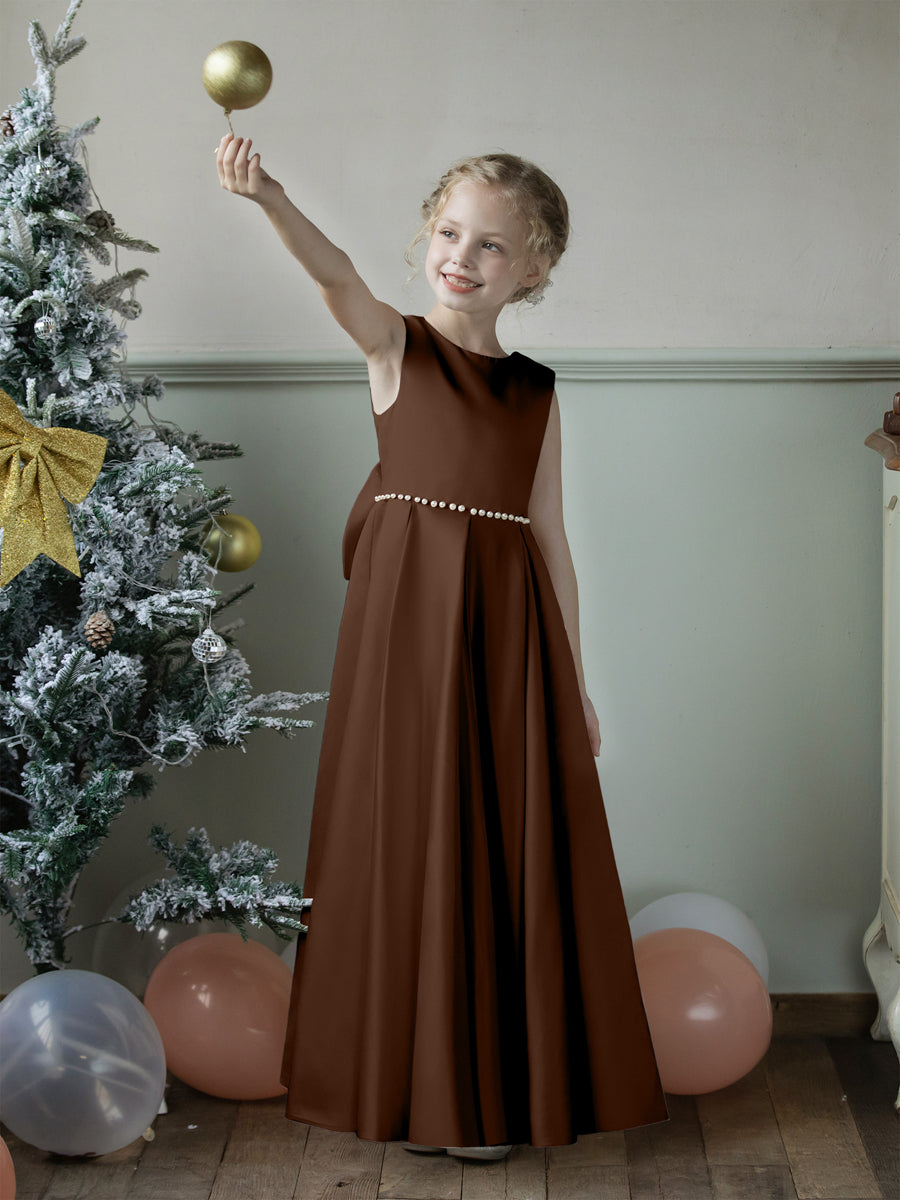 Crew Neck Satin Flower Girl Dresses with Pearls & Bowknot