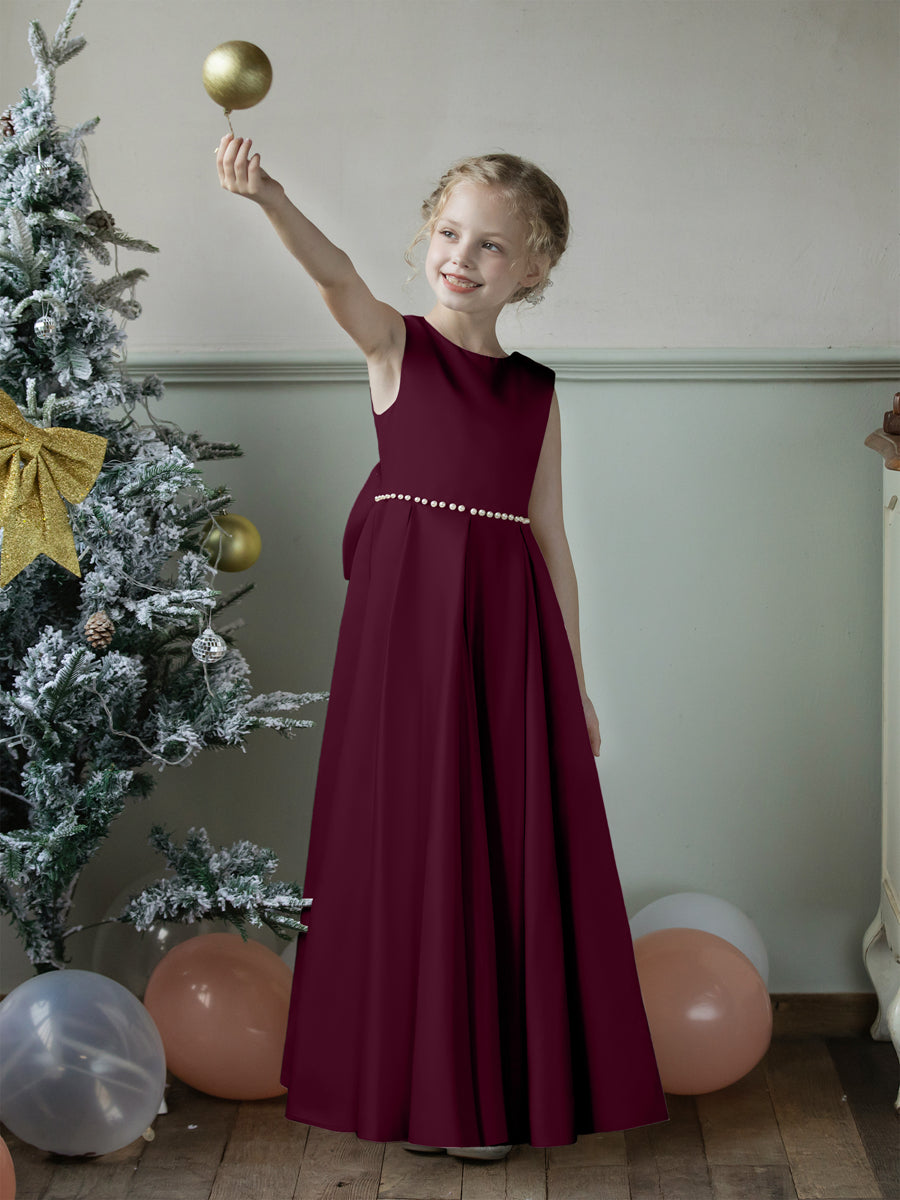 Crew Neck Satin Flower Girl Dresses with Pearls & Bowknot