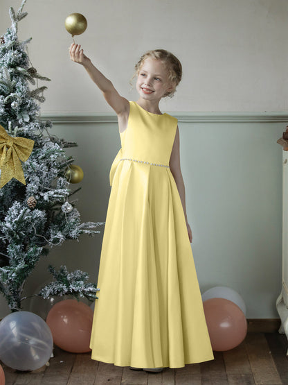 Crew Neck Satin Flower Girl Dresses with Pearls & Bowknot