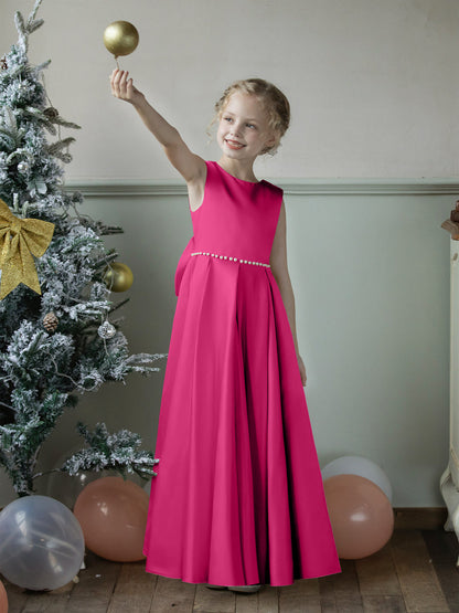 Crew Neck Satin Flower Girl Dresses with Pearls & Bowknot