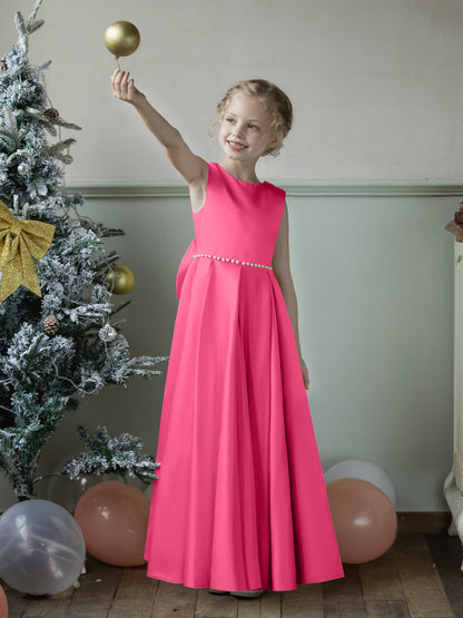 Crew Neck Satin Flower Girl Dresses with Pearls & Bowknot