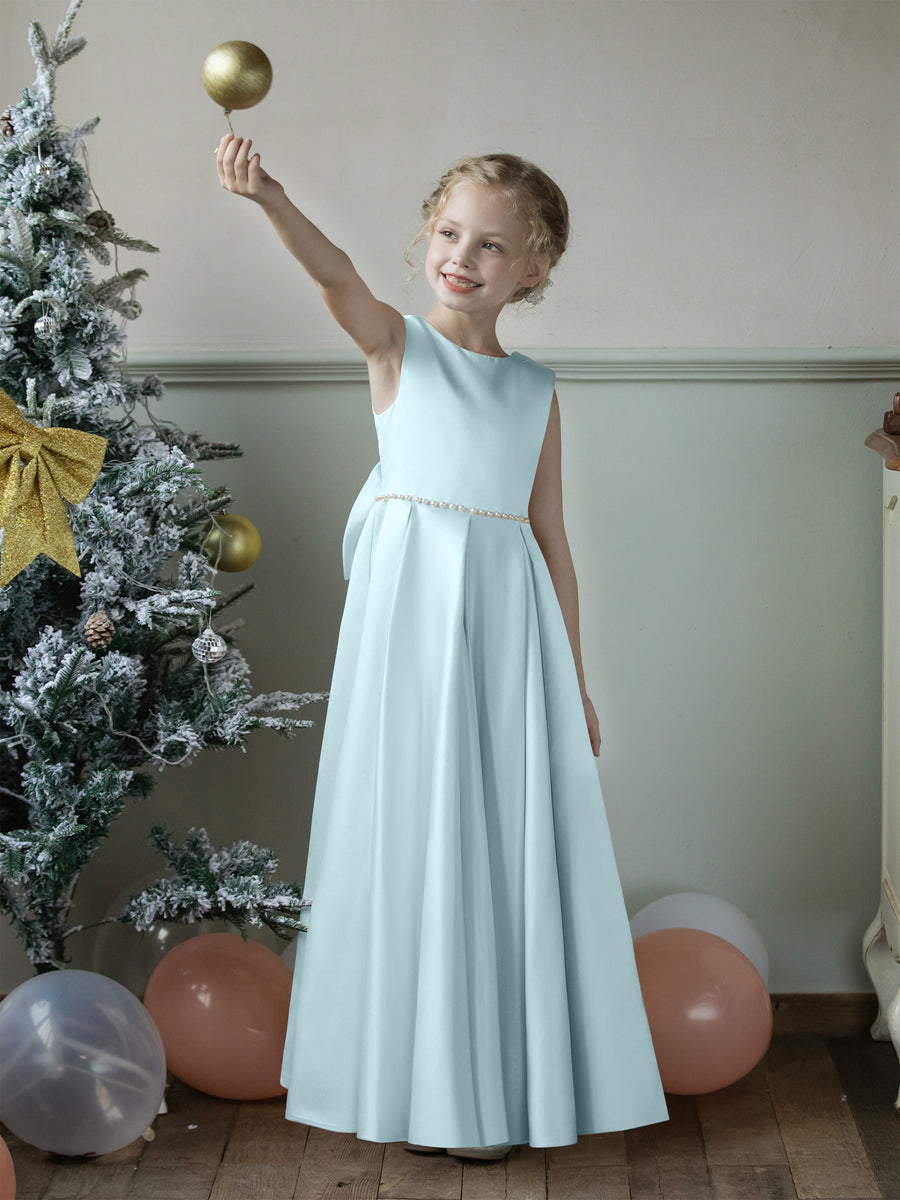 Crew Neck Satin Flower Girl Dresses with Pearls & Bowknot