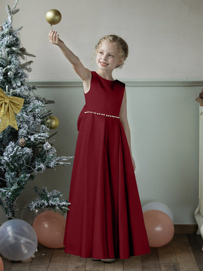 Crew Neck Satin Flower Girl Dresses with Pearls & Bowknot