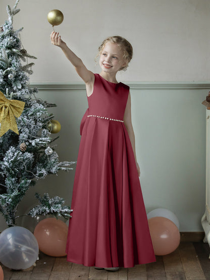 Crew Neck Satin Flower Girl Dresses with Pearls & Bowknot