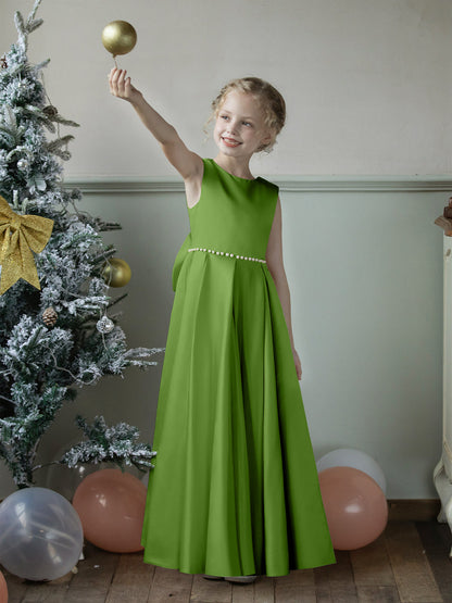 Crew Neck Satin Flower Girl Dresses with Pearls & Bowknot