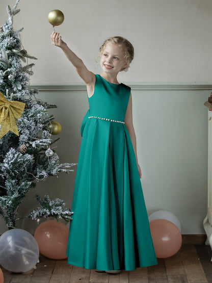 Crew Neck Satin Flower Girl Dresses with Pearls & Bowknot