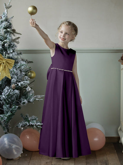 Crew Neck Satin Flower Girl Dresses with Pearls & Bowknot