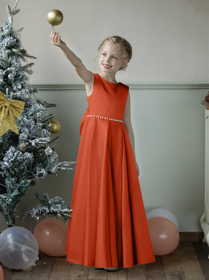 Crew Neck Satin Flower Girl Dresses with Pearls & Bowknot