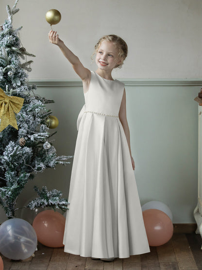 Crew Neck Satin Flower Girl Dresses with Pearls & Bowknot