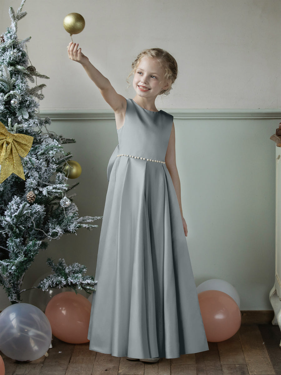 Crew Neck Satin Flower Girl Dresses with Pearls & Bowknot