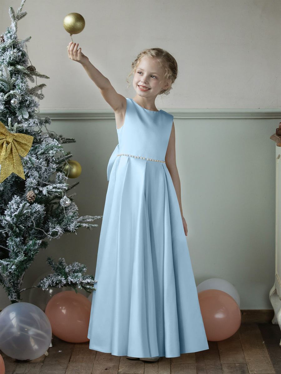 Crew Neck Satin Flower Girl Dresses with Pearls & Bowknot