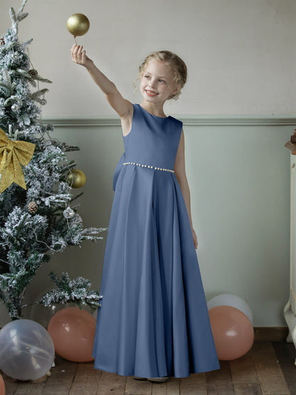 Crew Neck Satin Flower Girl Dresses with Pearls & Bowknot