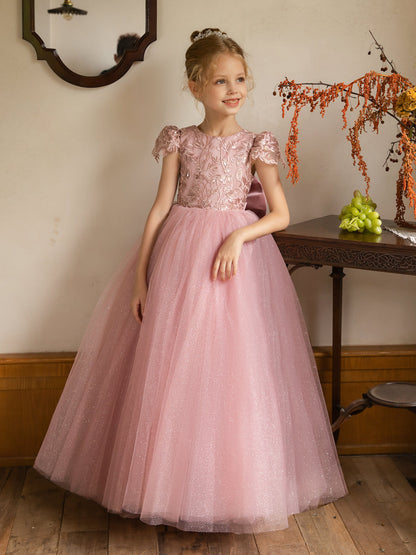 Crew Neck Tulle Flower Girl Dresses with Applique & Satin Bowknot