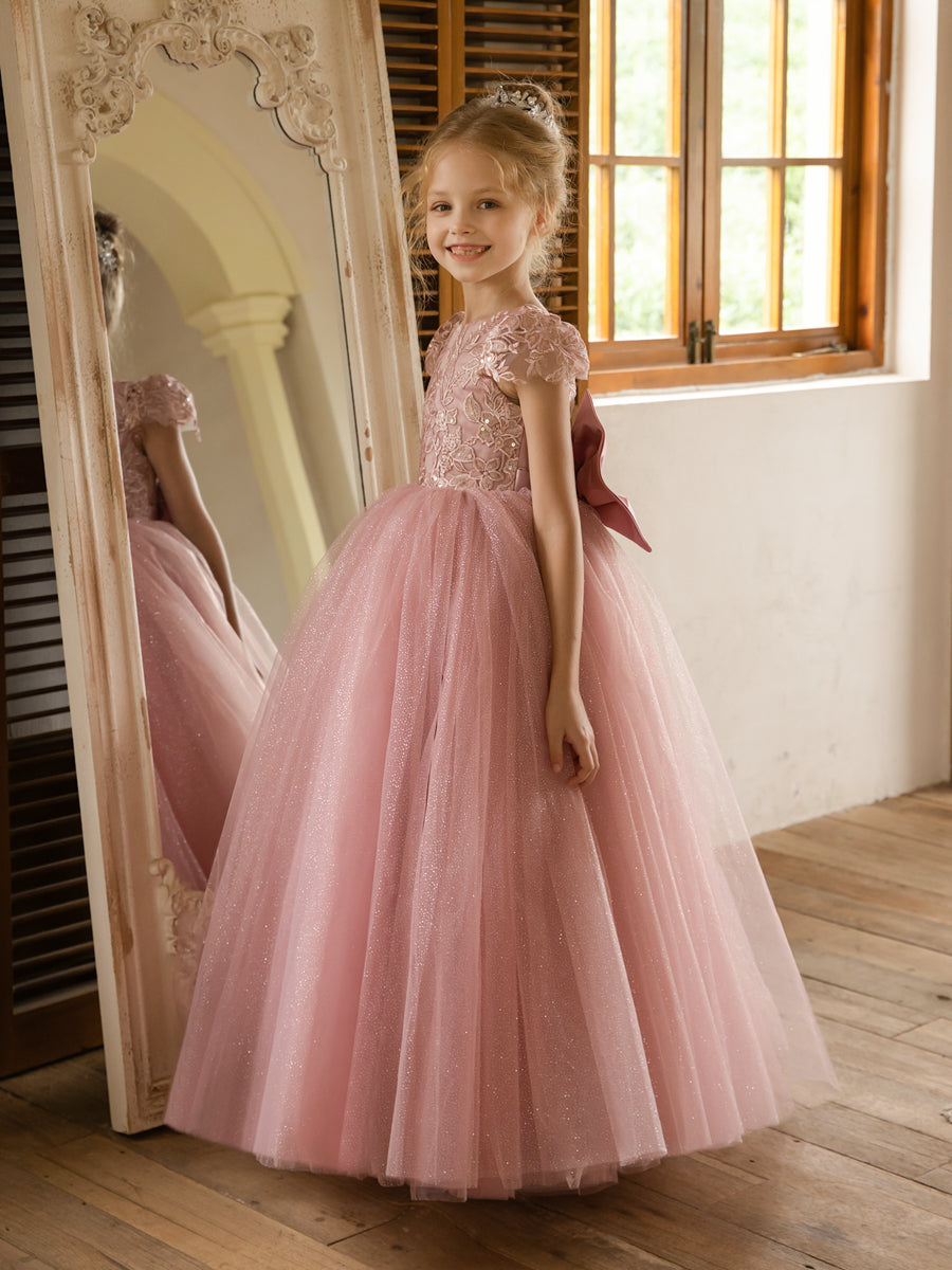 Crew Neck Tulle Flower Girl Dresses with Applique & Satin Bowknot