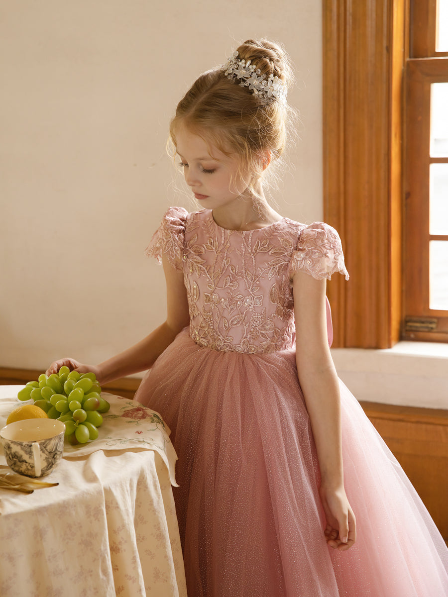 Crew Neck Tulle Flower Girl Dresses with Applique & Satin Bowknot