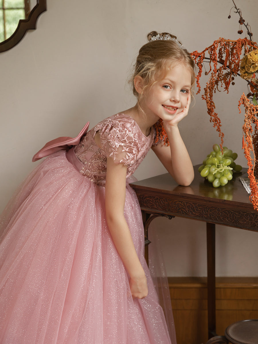 Crew Neck Tulle Flower Girl Dresses with Applique & Satin Bowknot