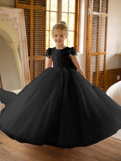 Crew Neck Tulle Flower Girl Dresses with Applique & Satin Bowknot