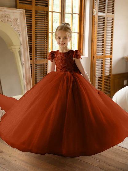 Crew Neck Tulle Flower Girl Dresses with Applique & Satin Bowknot