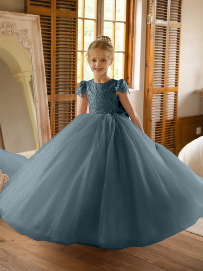 Crew Neck Tulle Flower Girl Dresses with Applique & Satin Bowknot