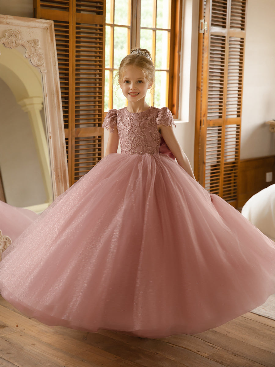 Crew Neck Tulle Flower Girl Dresses with Applique & Satin Bowknot