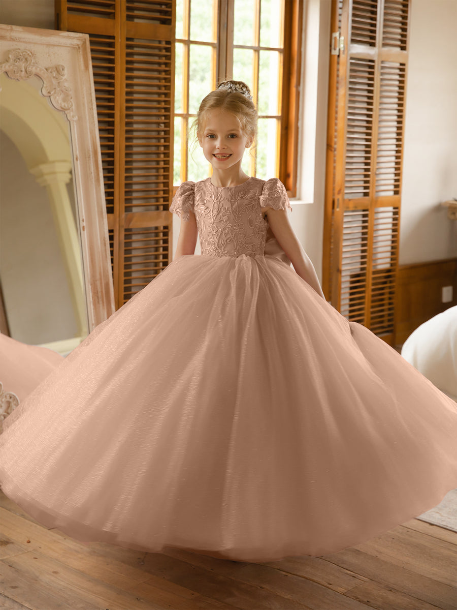 Crew Neck Tulle Flower Girl Dresses with Applique & Satin Bowknot