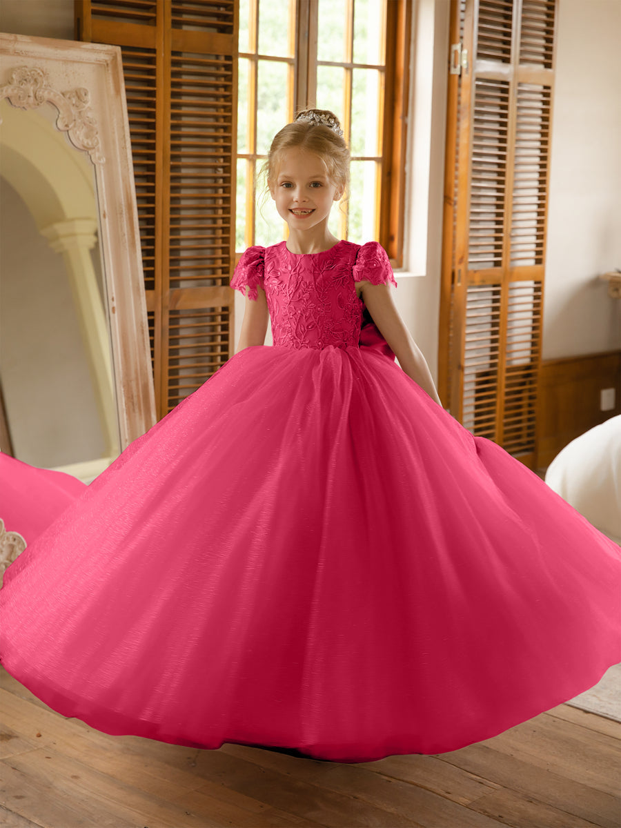 Crew Neck Tulle Flower Girl Dresses with Applique & Satin Bowknot