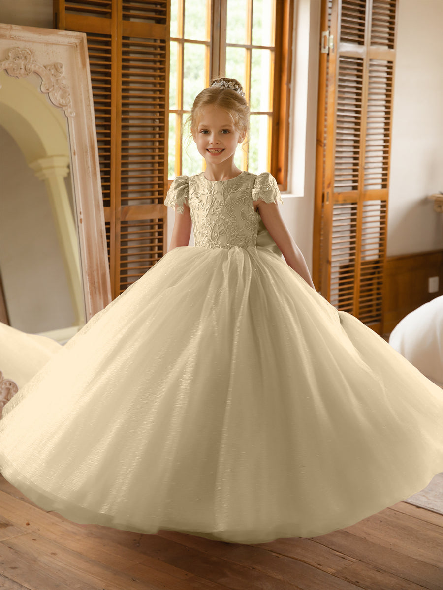 Crew Neck Tulle Flower Girl Dresses with Applique & Satin Bowknot