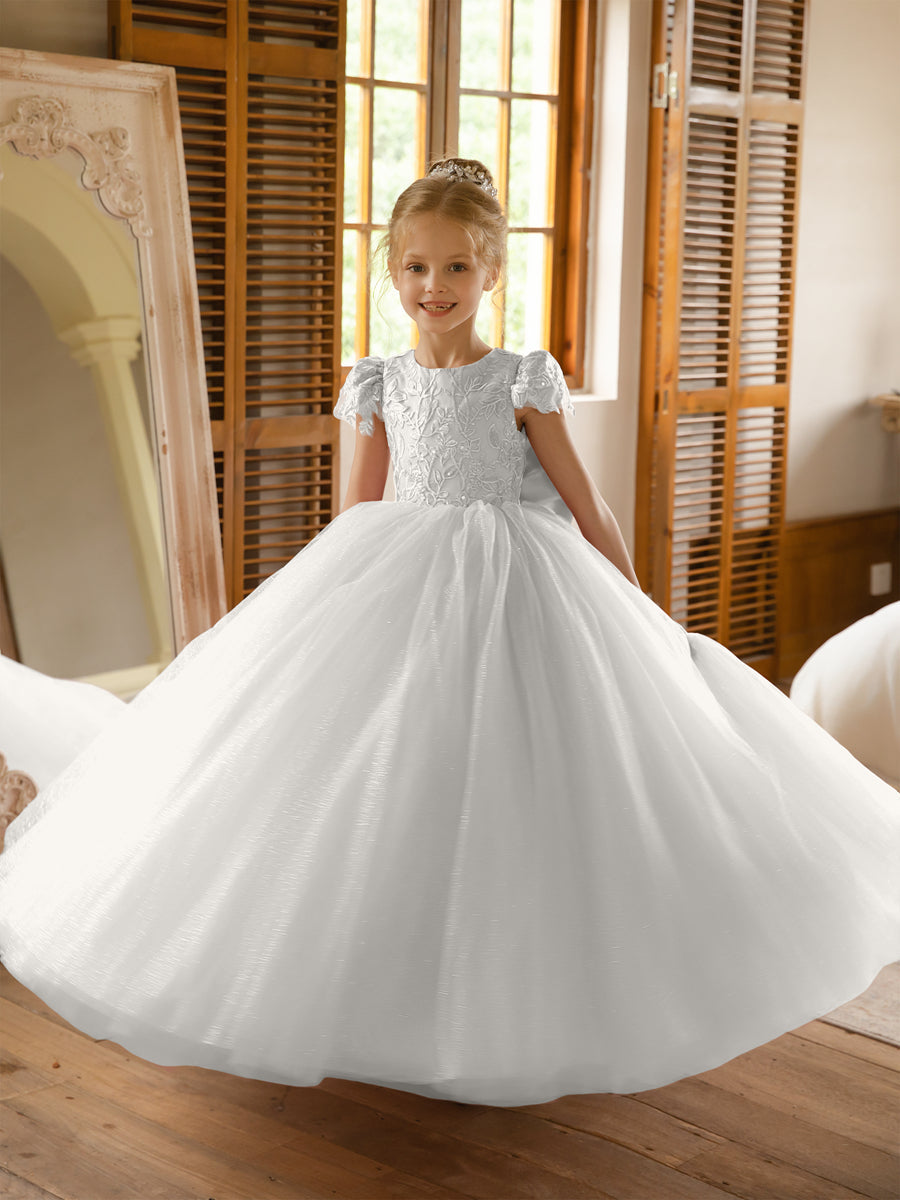 Crew Neck Tulle Flower Girl Dresses with Applique & Satin Bowknot