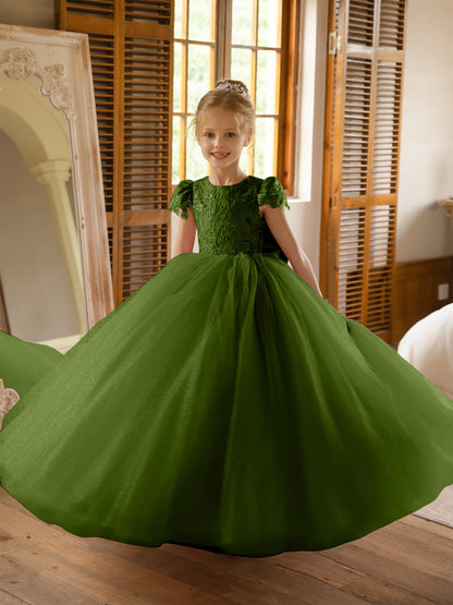 Crew Neck Tulle Flower Girl Dresses with Applique & Satin Bowknot