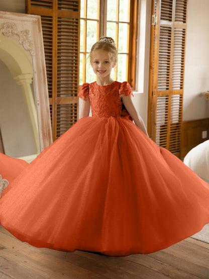 Crew Neck Tulle Flower Girl Dresses with Applique & Satin Bowknot