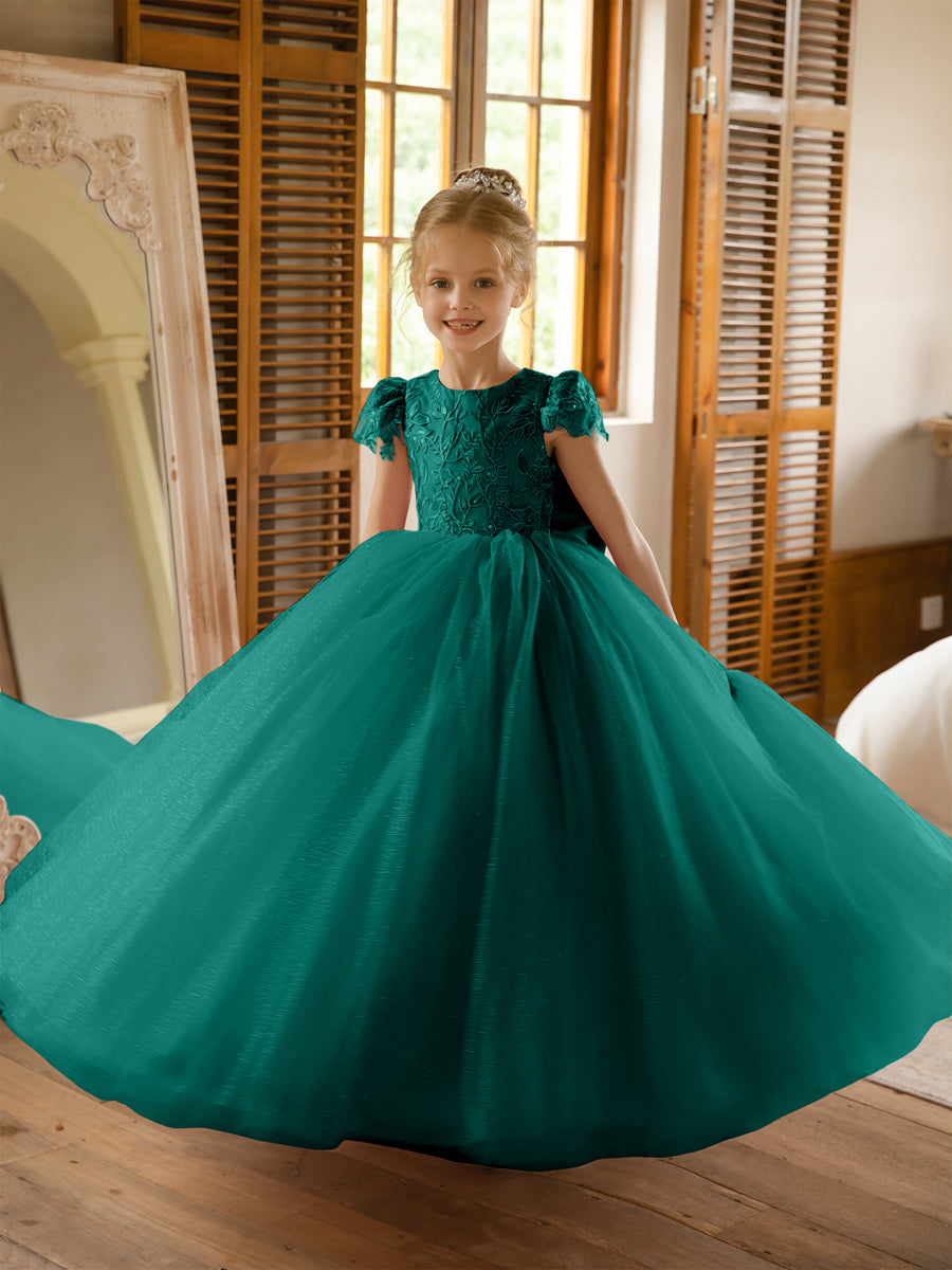 Crew Neck Tulle Flower Girl Dresses with Applique & Satin Bowknot