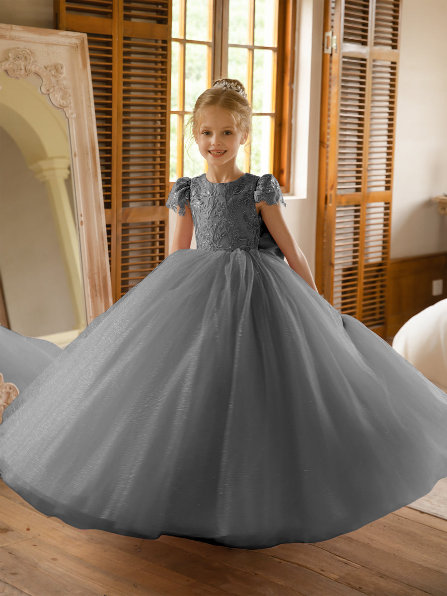 Crew Neck Tulle Flower Girl Dresses with Applique & Satin Bowknot