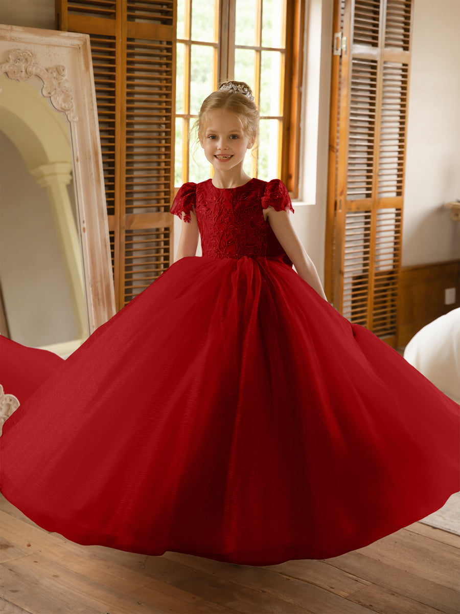 Crew Neck Tulle Flower Girl Dresses with Applique & Satin Bowknot