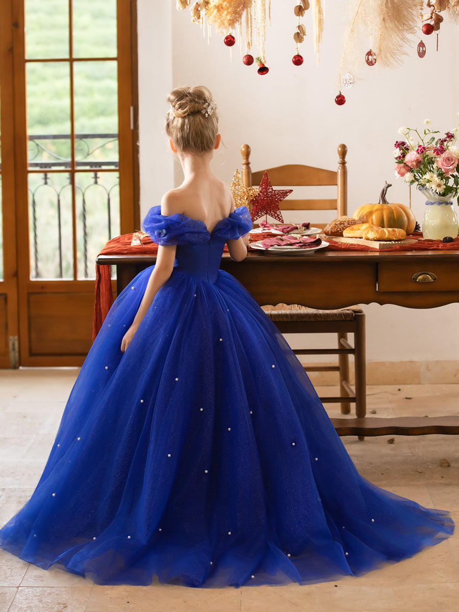 Off-the-Shoulder Tulle Flower Girl Dresses with Pearls