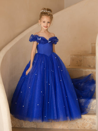 Off-the-Shoulder Tulle Flower Girl Dresses with Pearls