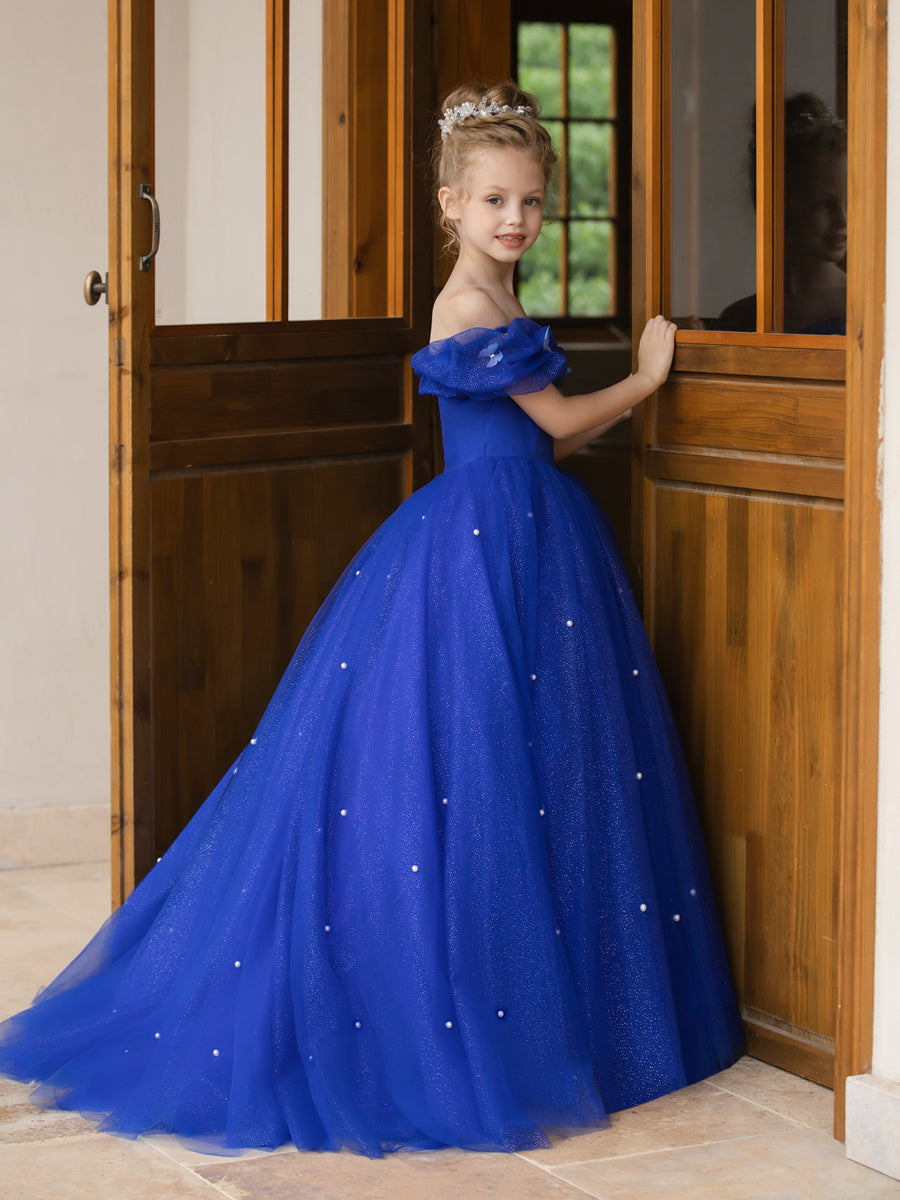 Off-the-Shoulder Tulle Flower Girl Dresses with Pearls