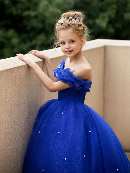 Off-the-Shoulder Tulle Flower Girl Dresses with Pearls