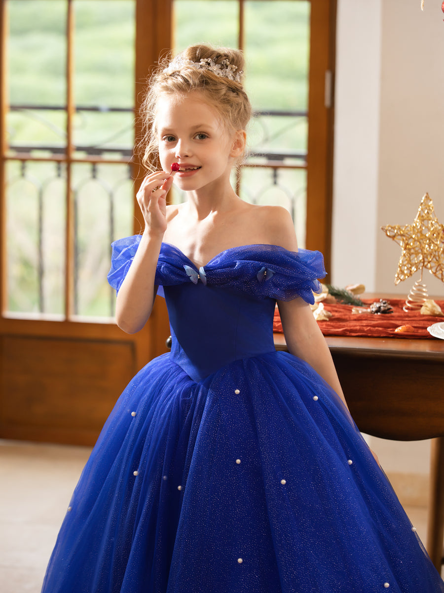 Off-the-Shoulder Tulle Flower Girl Dresses with Pearls